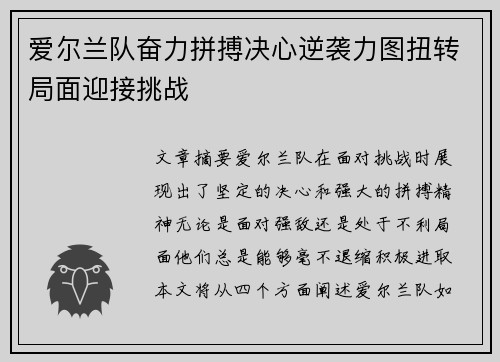 爱尔兰队奋力拼搏决心逆袭力图扭转局面迎接挑战