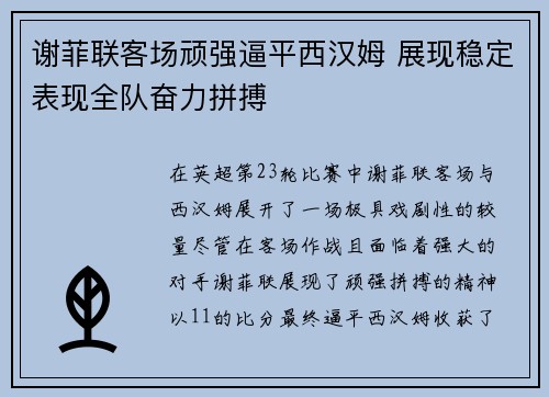 谢菲联客场顽强逼平西汉姆 展现稳定表现全队奋力拼搏